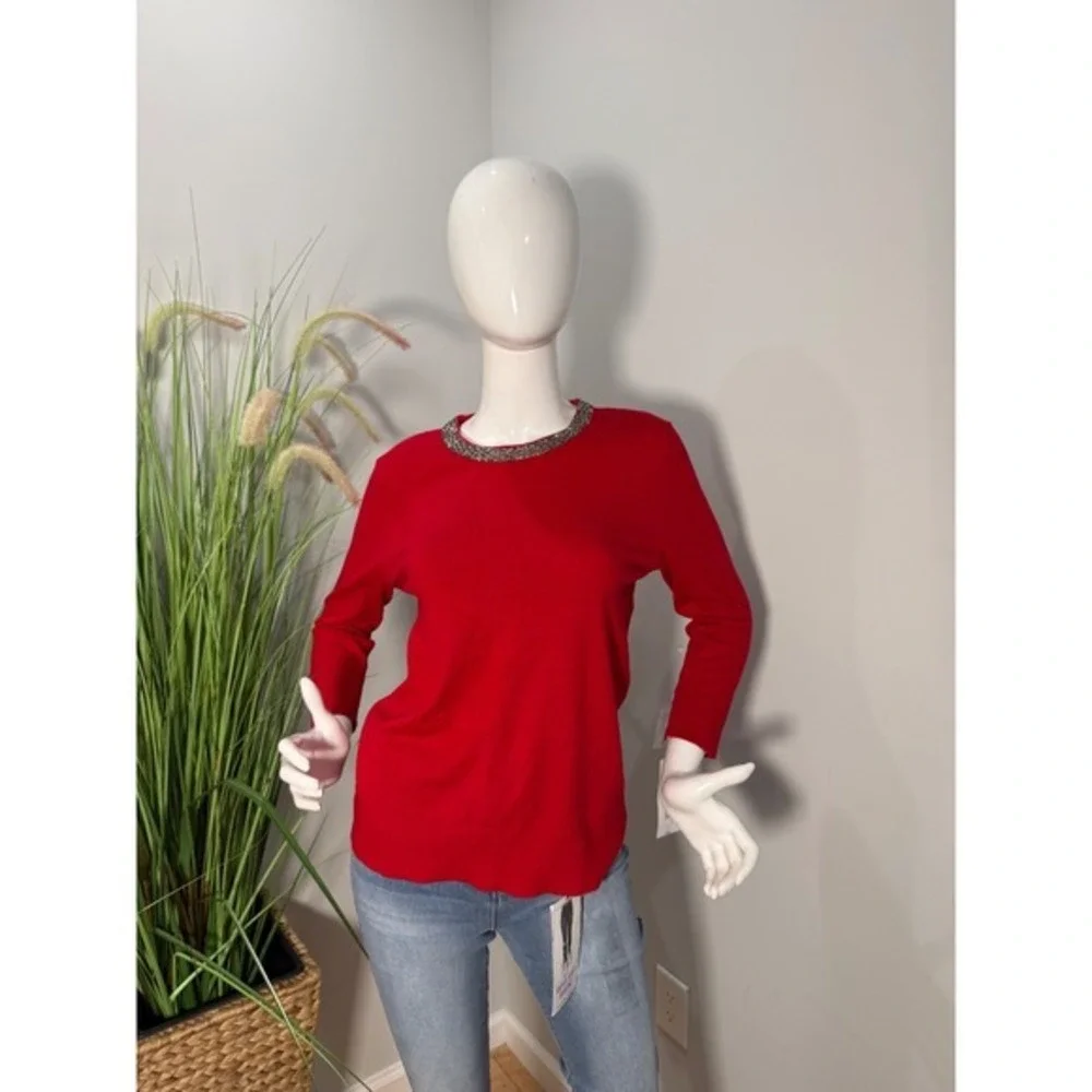 Liz Claiborne‎ Red Jeweled Neck 3/4 Sleeve Sweater Top Elegant Knit Size L NEW